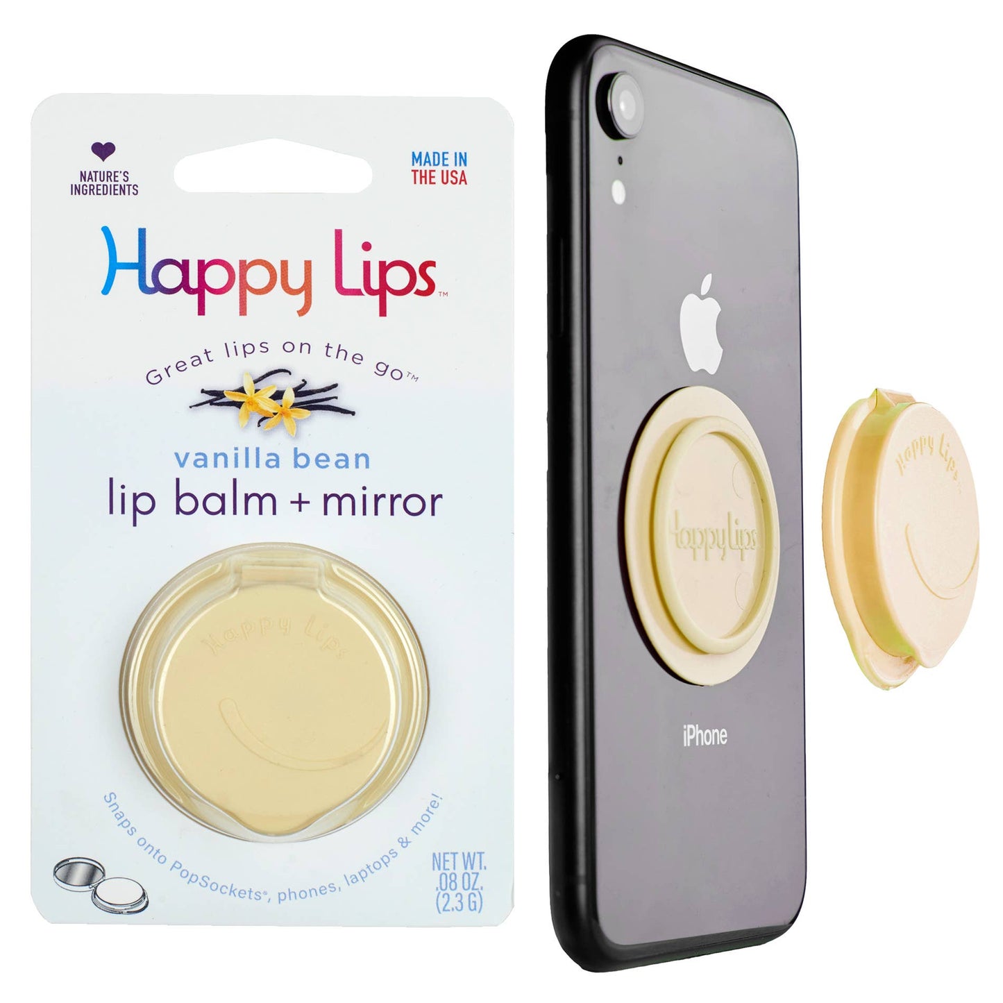 Happy Lips –Lip Balm w/Mirror, Attach Anywhere! Vanilla Bean