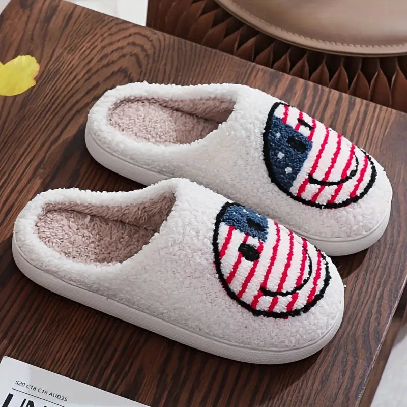 American Flag Cartoon Face Graphic Soft Plush Cozy House Slipper