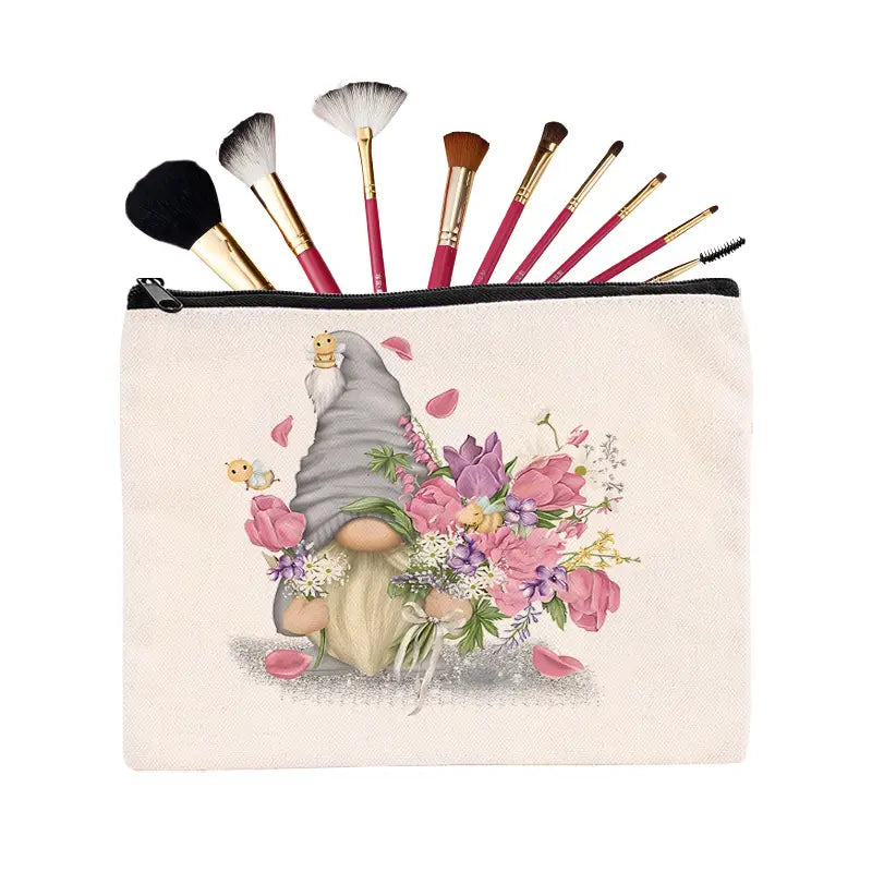 Gnome Pink Flowers Cosmetic & Important Stuff Bag