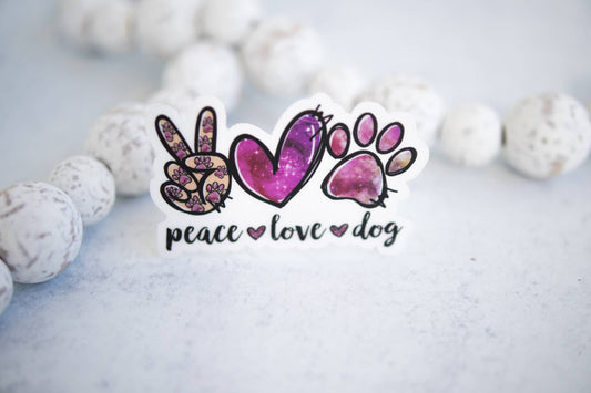 Peace Love Dog, Purple Sticker Vinyl Sticker, 3x3 in.